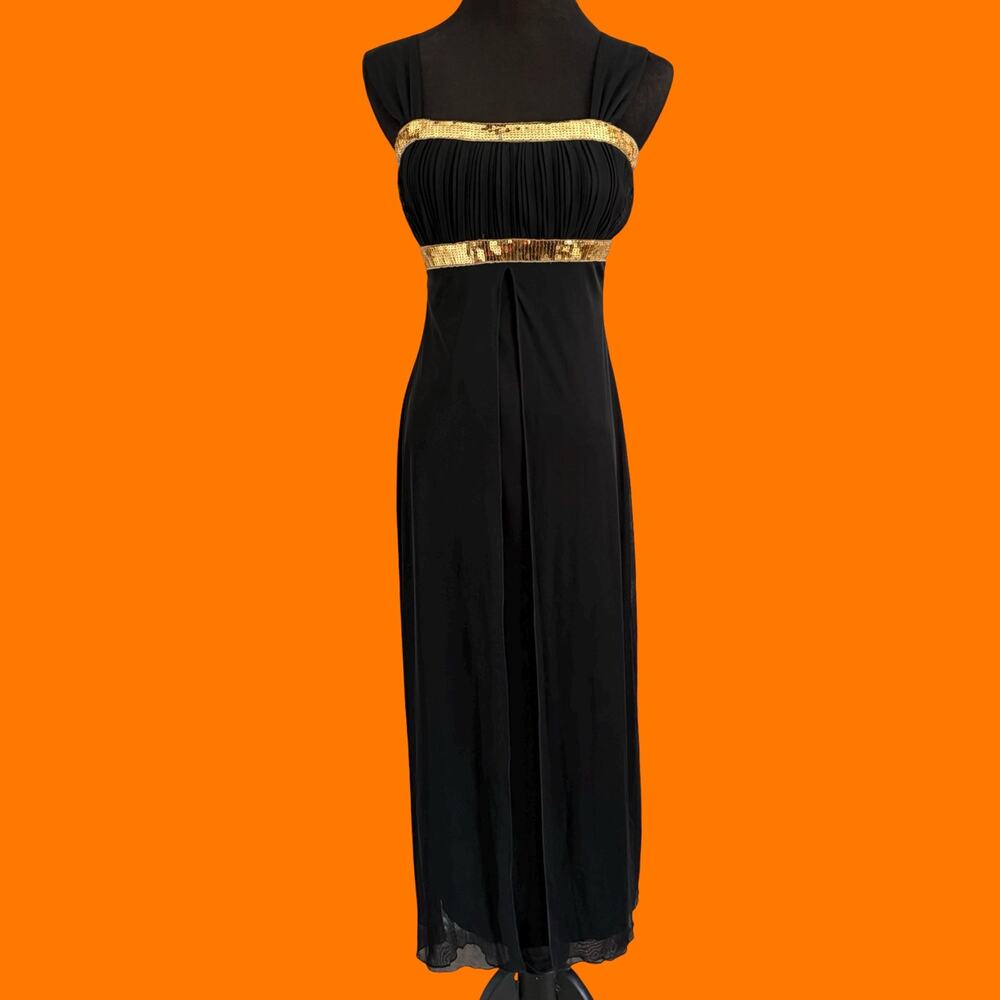 00's vintage black chiffon gold sequins goddess y2k maxi dress SMALL